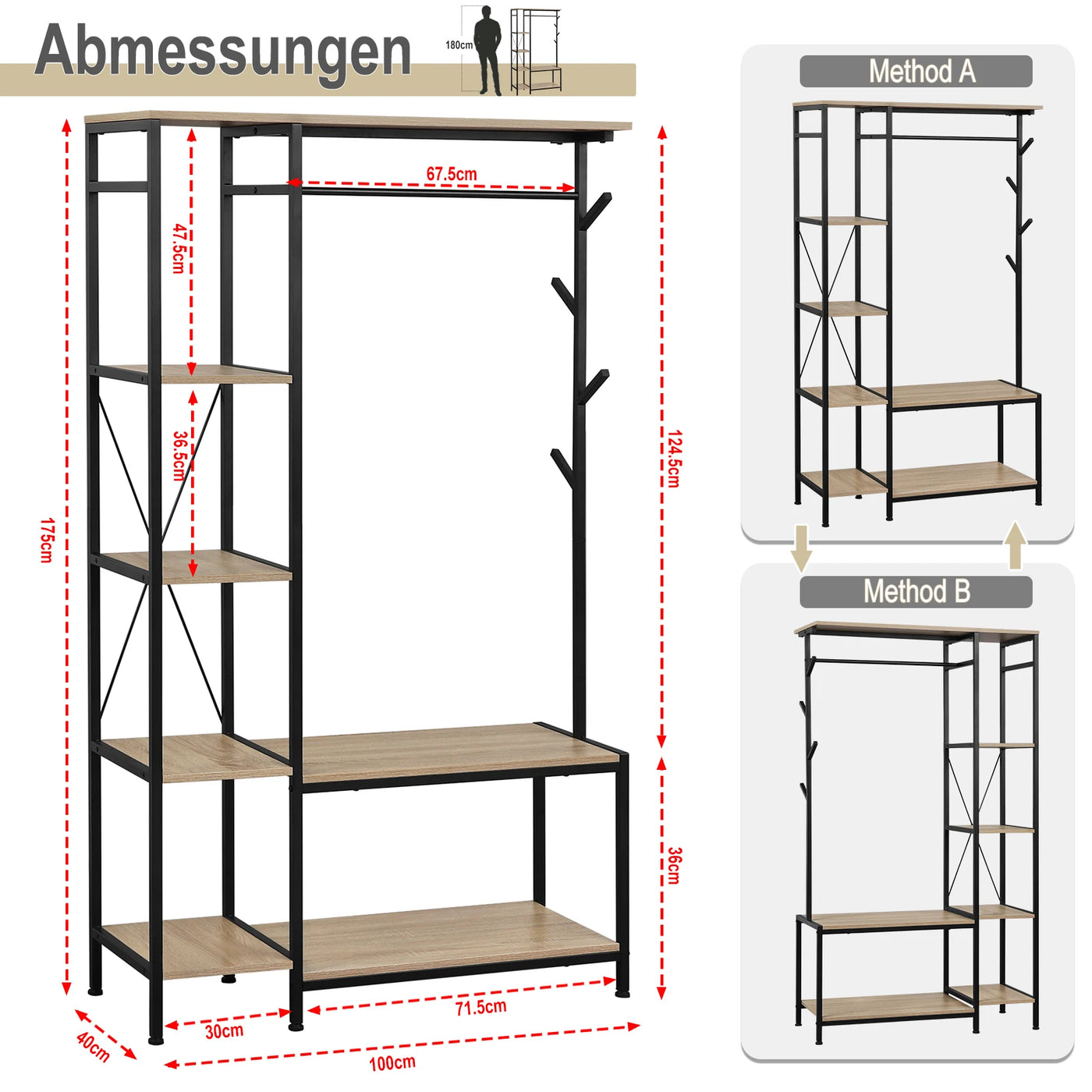 100x175x40cm Freestanding Coat Rack with Bench 3-in-1 Design Storage Wardrobe 4-Tier Shelf 4 Hooks 1 Clothes Rail for Bedroom