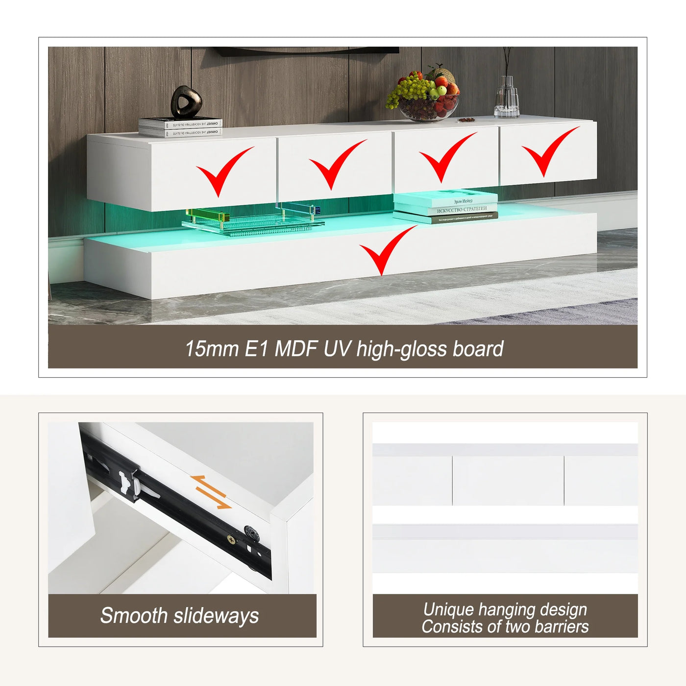 Wall mounted TV wardrobe, TV stand, TV furniture with 2 cabinets and 4 large drawers, 16 color LED lighting
