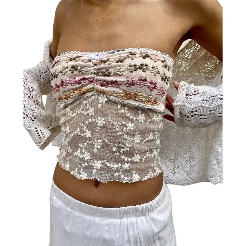 Xingqing y2k Off Shoulder Top Women Fairy Grunge Clothes Summer Sleeveless Lace Trim Patchwork Strapless Tshirt 2000s Streetwear