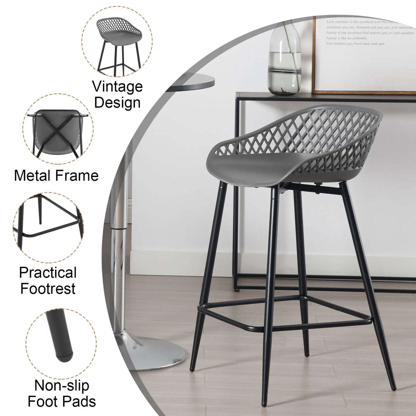2PCS/CET Plastic Bar Stools Counter Stool with Hollow Backrest  Footrest  High Kitchen Stool for Dining Room  Bar Outdoor Patio