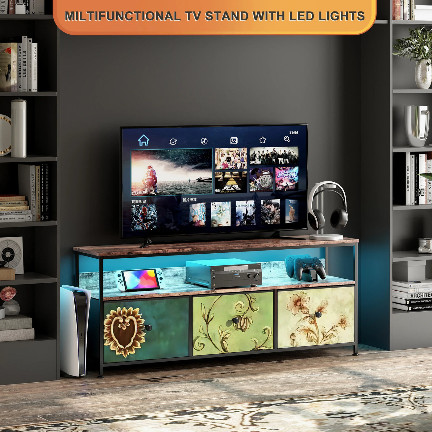 108×30×57cm TV Cabinet, Sideboard with 3 Storage Fabric Drawers and Open Shelves, with LED Lighting and Height-adjustable Feet