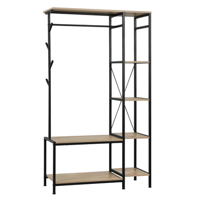 100x175x40cm Freestanding Coat Rack with Bench 3-in-1 Design Storage Wardrobe 4-Tier Shelf 4 Hooks 1 Clothes Rail for Bedroom