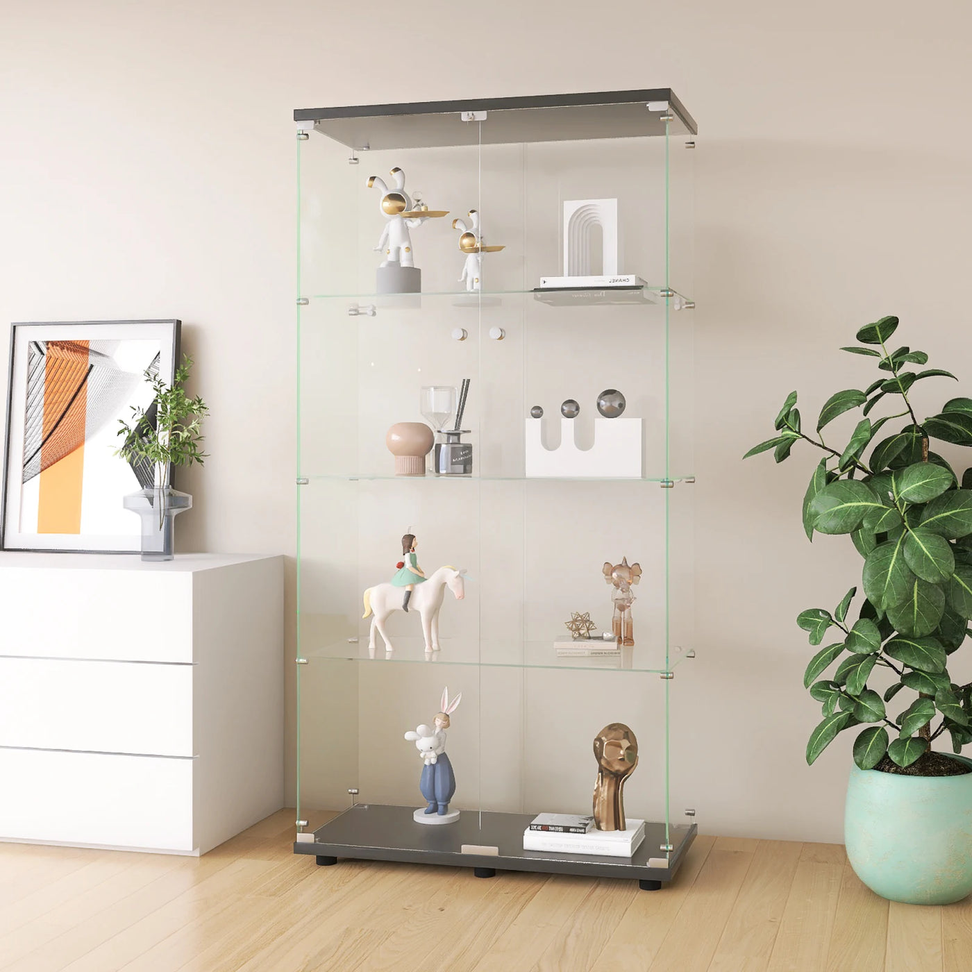 Glass Cabinet with Double Doors, 4-shelf Vertical Glass Display Cabinet with Lock, for Living Room, Black