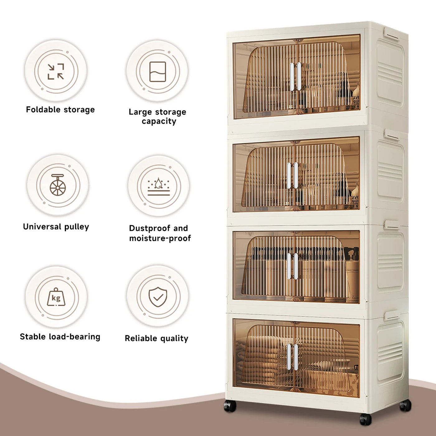 Foldable Storage Box with Clear Door Large Capacity Plastic Storage Bin Living Room Stackable Sundries Storage Box with Wheels