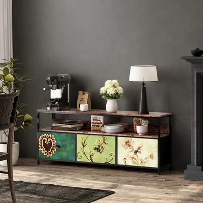 108×30×57cm TV Cabinet, Sideboard with 3 Storage Fabric Drawers and Open Shelves, with LED Lighting and Height-adjustable Feet