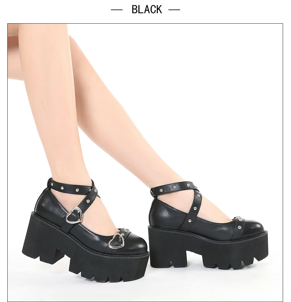 Gdgydh Gothic Lolita Shoes Platform Mary Janes for Women Round Head Thick Heel Cross Bandage Heart Buckle Kawaii Shoes Cosplay