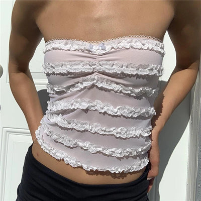 Xingqing y2k Off Shoulder Top Women Fairy Grunge Clothes Summer Sleeveless Lace Trim Patchwork Strapless Tshirt 2000s Streetwear