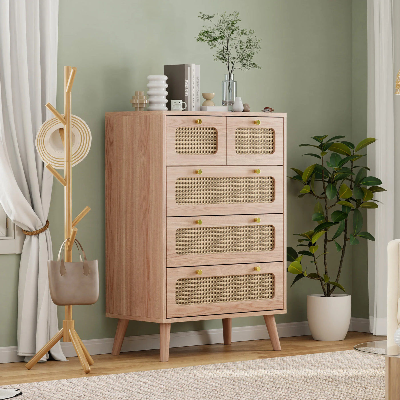 Anajqaqia Rattan Chest of Drawers with 5 Drawers, Wooden Storage Cabinet with Handles, Highboard Sideboard, Kitchen Cabinet
