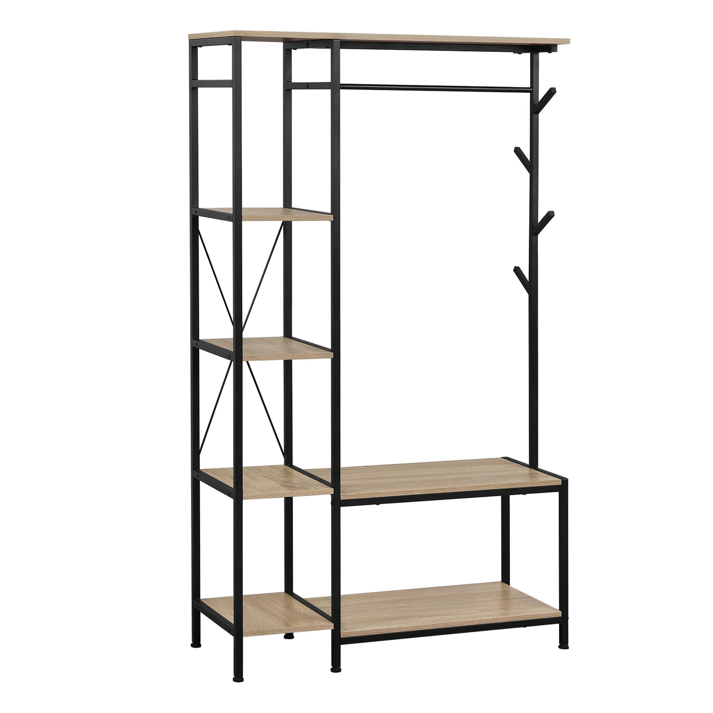 100x175x40cm Freestanding Coat Rack with Bench 3-in-1 Design Storage Wardrobe 4-Tier Shelf 4 Hooks 1 Clothes Rail for Bedroom