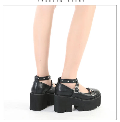 Gdgydh Gothic Lolita Shoes Platform Mary Janes for Women Round Head Thick Heel Cross Bandage Heart Buckle Kawaii Shoes Cosplay