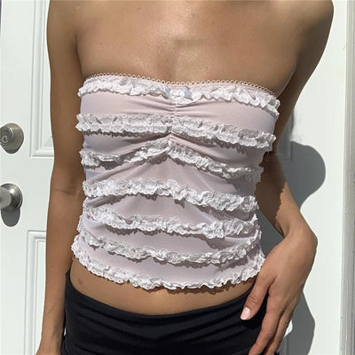 Xingqing y2k Off Shoulder Top Women Fairy Grunge Clothes Summer Sleeveless Lace Trim Patchwork Strapless Tshirt 2000s Streetwear