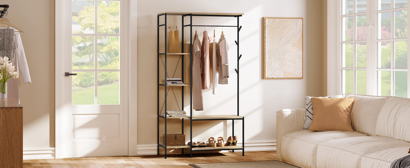 100x175x40cm Freestanding Coat Rack with Bench 3-in-1 Design Storage Wardrobe 4-Tier Shelf 4 Hooks 1 Clothes Rail for Bedroom