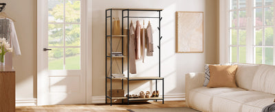 100x175x40cm Freestanding Coat Rack with Bench 3-in-1 Design Storage Wardrobe 4-Tier Shelf 4 Hooks 1 Clothes Rail for Bedroom