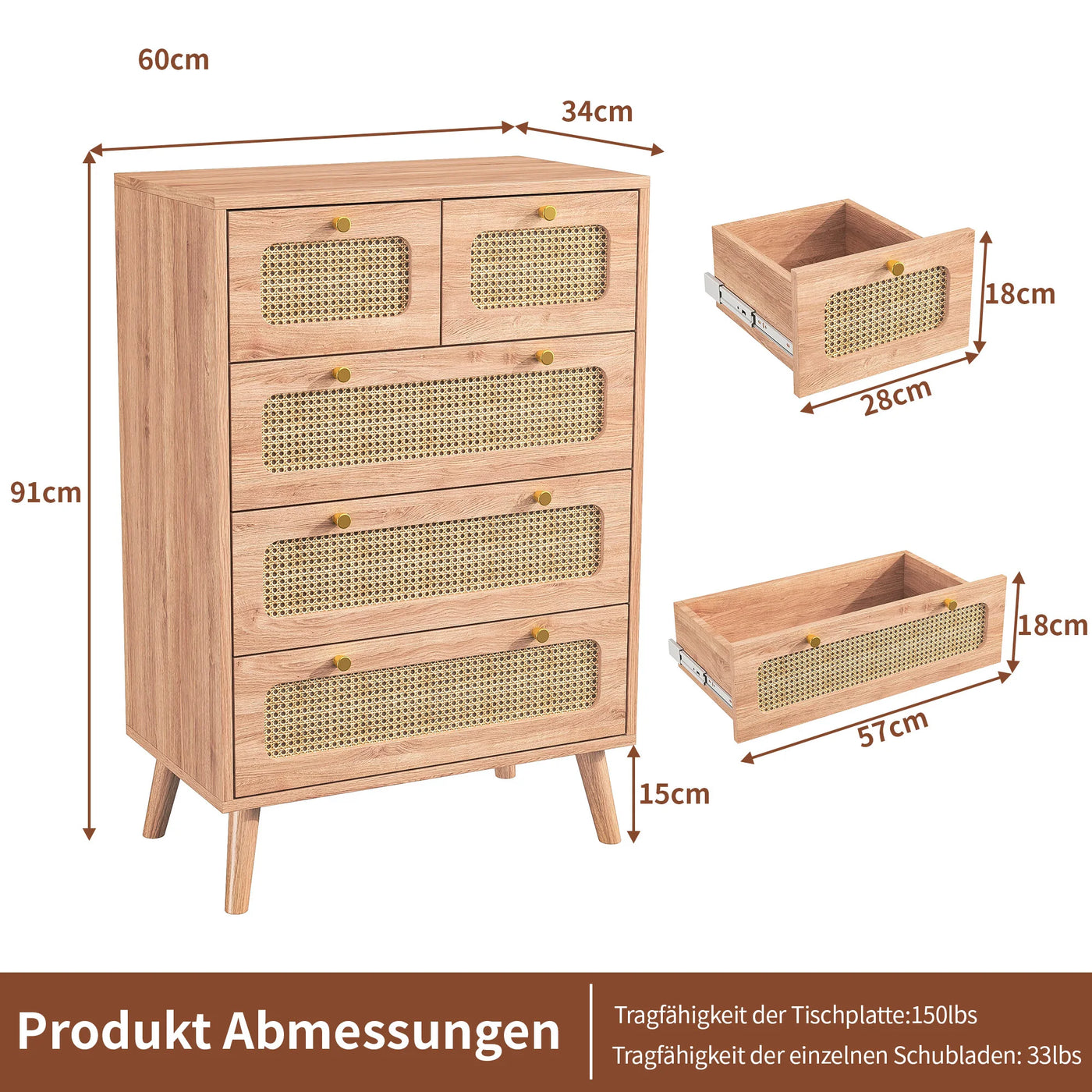 Anajqaqia Rattan Chest of Drawers with 5 Drawers, Wooden Storage Cabinet with Handles, Highboard Sideboard, Kitchen Cabinet