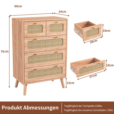 Anajqaqia Rattan Chest of Drawers with 5 Drawers, Wooden Storage Cabinet with Handles, Highboard Sideboard, Kitchen Cabinet