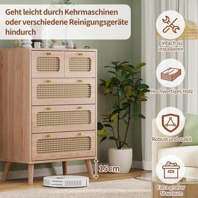 Anajqaqia Rattan Chest of Drawers with 5 Drawers, Wooden Storage Cabinet with Handles, Highboard Sideboard, Kitchen Cabinet