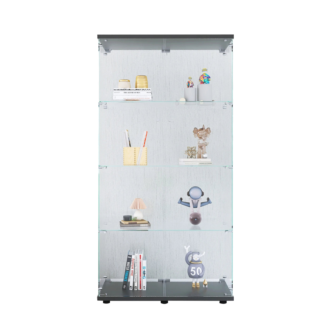 Glass Cabinet with Double Doors, 4-shelf Vertical Glass Display Cabinet with Lock, for Living Room, Black