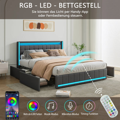 140x200cm Hydraulic Bed, Upholstered Double Bed with LED Lighting and USB Charging, with 4 Drawers, Linen Fabric, Dark Gray
