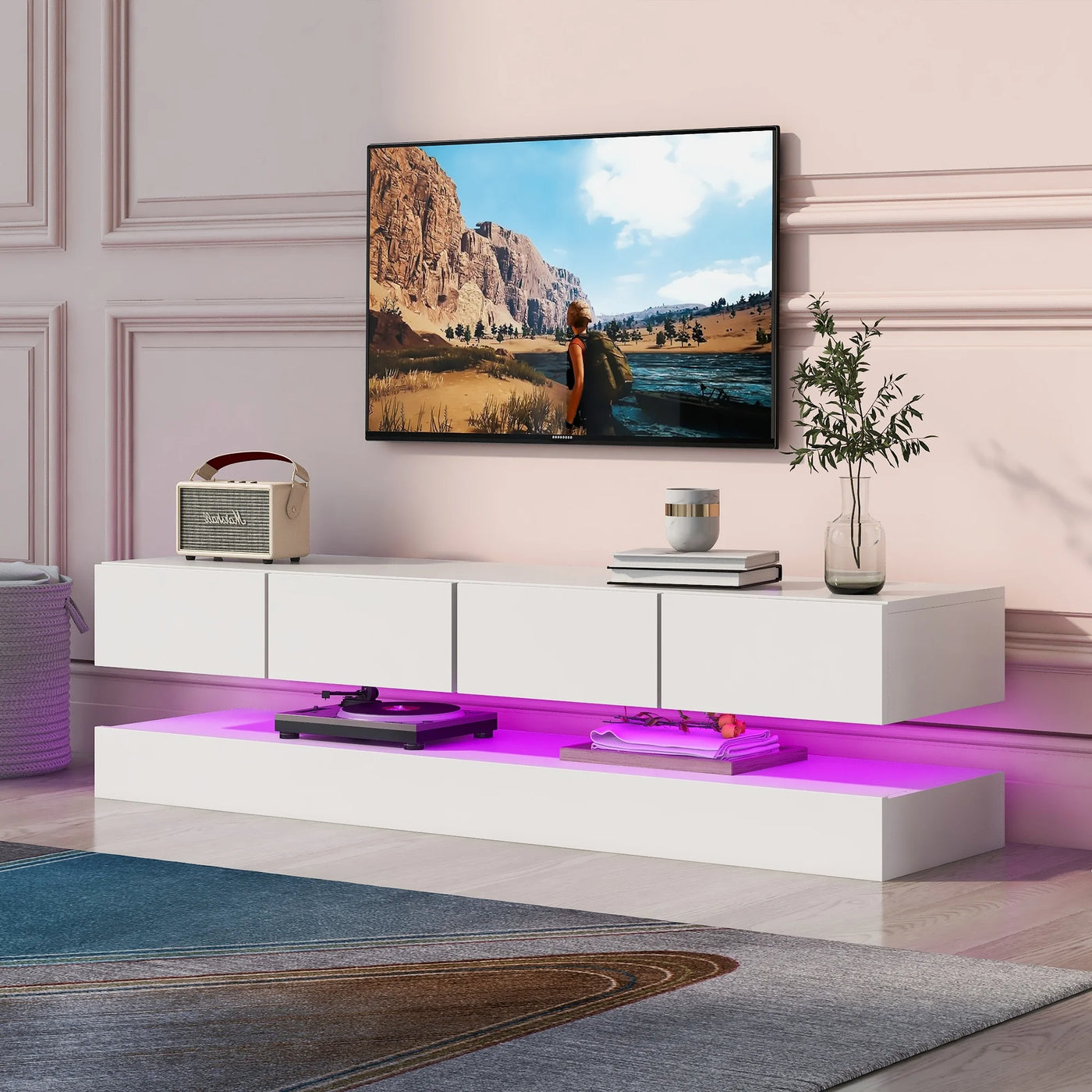 Wall mounted TV wardrobe, TV stand, TV furniture with 2 cabinets and 4 large drawers, 16 color LED lighting