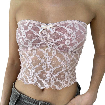 Xingqing y2k Off Shoulder Top Women Fairy Grunge Clothes Summer Sleeveless Lace Trim Patchwork Strapless Tshirt 2000s Streetwear