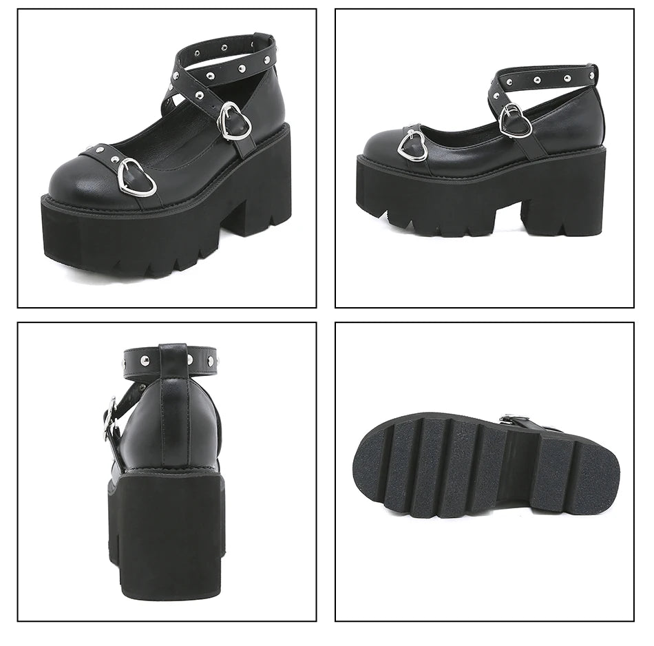 Gdgydh Gothic Lolita Shoes Platform Mary Janes for Women Round Head Thick Heel Cross Bandage Heart Buckle Kawaii Shoes Cosplay