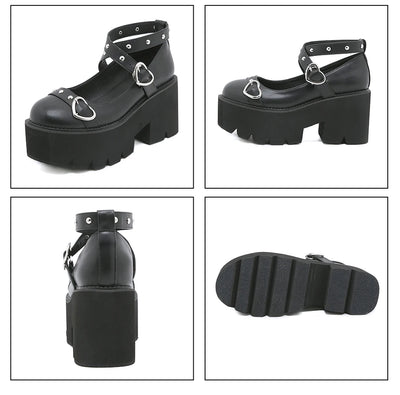 Gdgydh Gothic Lolita Shoes Platform Mary Janes for Women Round Head Thick Heel Cross Bandage Heart Buckle Kawaii Shoes Cosplay