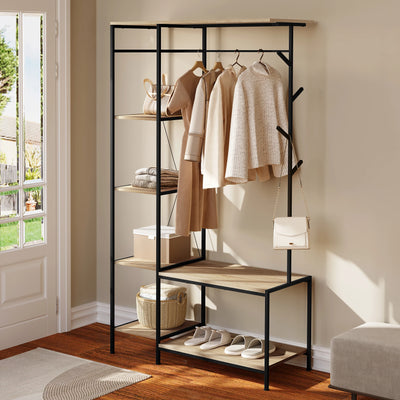 100x175x40cm Freestanding Coat Rack with Bench 3-in-1 Design Storage Wardrobe 4-Tier Shelf 4 Hooks 1 Clothes Rail for Bedroom