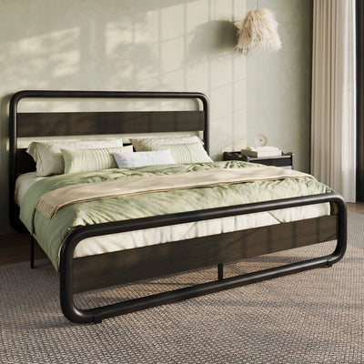 HOOMIC Metal Bed Frame with Curved Wooden Headboard & Footboard, Heavy-Duty Platform Bed with Ample Under-Bed Storage Allewie