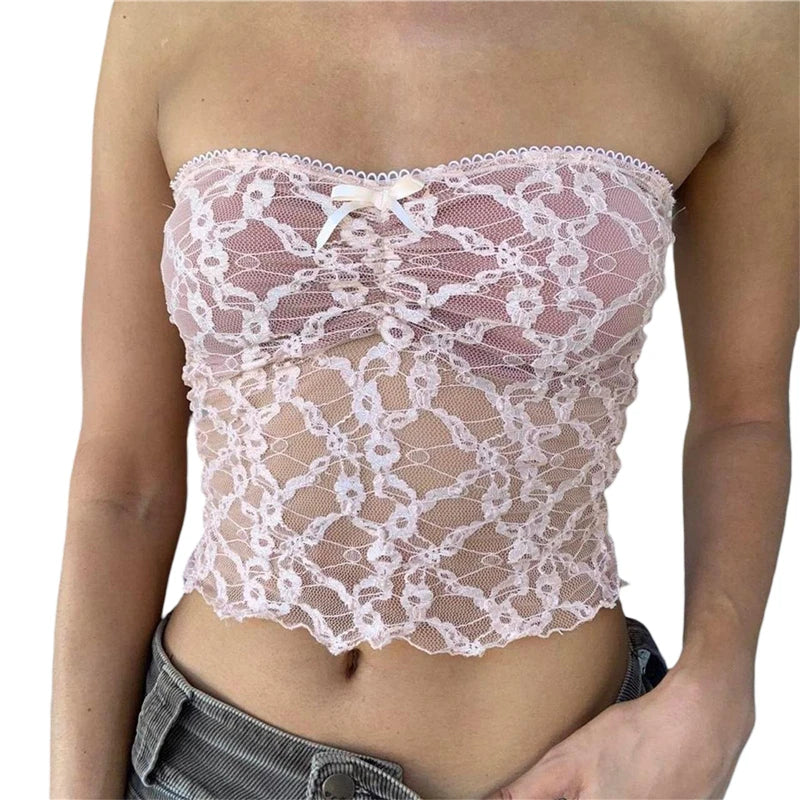 Xingqing y2k Off Shoulder Top Women Fairy Grunge Clothes Summer Sleeveless Lace Trim Patchwork Strapless Tshirt 2000s Streetwear