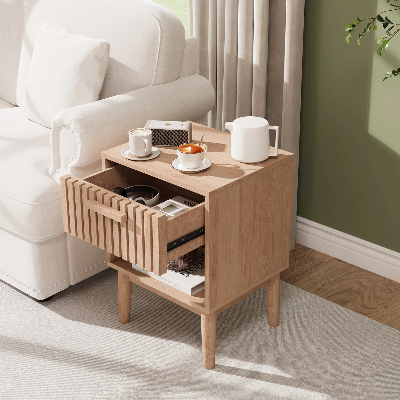 Rosahqnda Bedside Table 2 Set Boho Bedside Table with Open Shelves and Drawer Natural Wood side table table Bedside Table