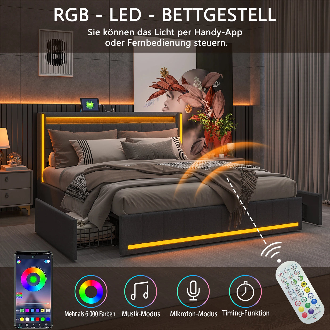 140x200cm Hydraulic Bed, Upholstered Double Bed with LED Lighting and USB Charging, with 4 Drawers, Linen Fabric, Dark Gray