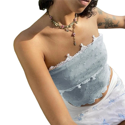 Xingqing y2k Off Shoulder Top Women Fairy Grunge Clothes Summer Sleeveless Lace Trim Patchwork Strapless Tshirt 2000s Streetwear