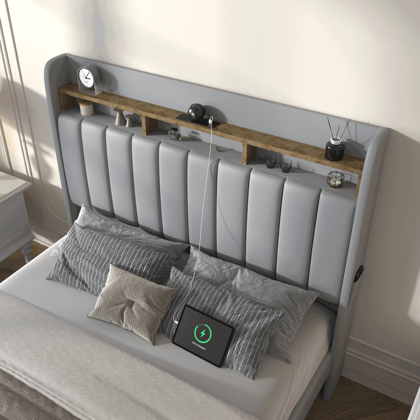 Sibeds Aurora Queen Bed Frame with Pet Rest Area, Storage Headboard, PU Leather Platform, Star Projector