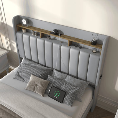 Sibeds Aurora Queen Bed Frame with Pet Rest Area, Storage Headboard, PU Leather Platform, Star Projector