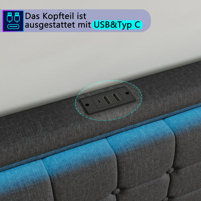 140x200cm Hydraulic Bed, Upholstered Double Bed with LED Lighting and USB Charging, with 4 Drawers, Linen Fabric, Dark Gray