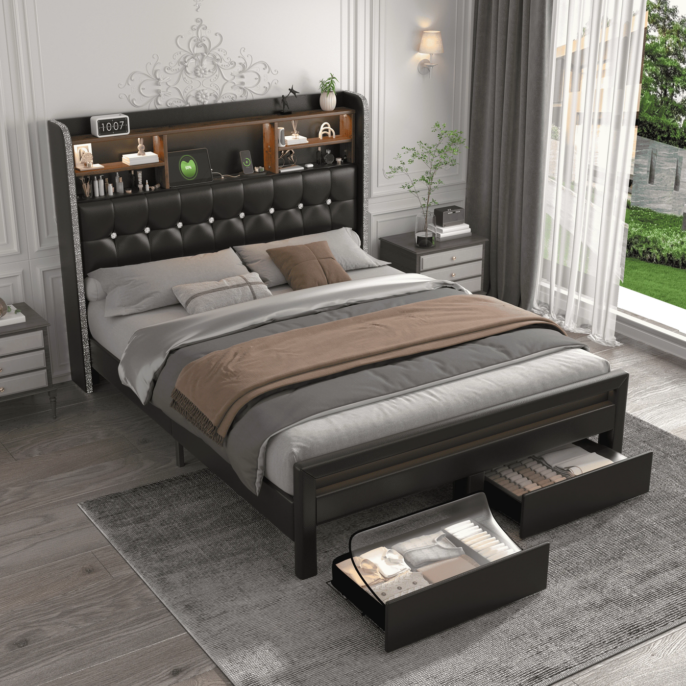 SIBEDS Queen Bed Frame with Bookcase Headboard, 2 Drawers, 52" LED, Charging Station, Tufted Linen Upholstery, Dark Grey