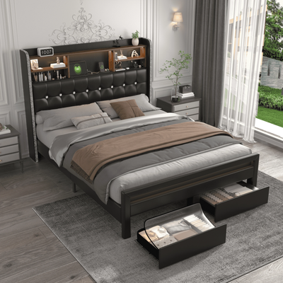 SIBEDS Queen Bed Frame with Bookcase Headboard, 2 Drawers, 52" LED, Charging Station, Tufted Linen Upholstery, Dark Grey
