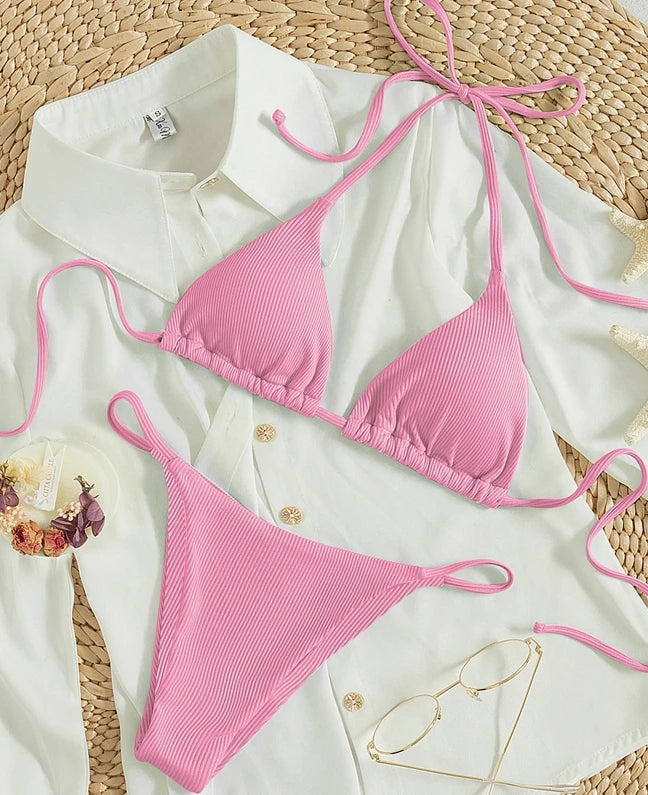 Factory Wholesale Women's Sexy Small Rib Bikini Set Two Piece Swimsuit with Printed Pattern Beach Wear