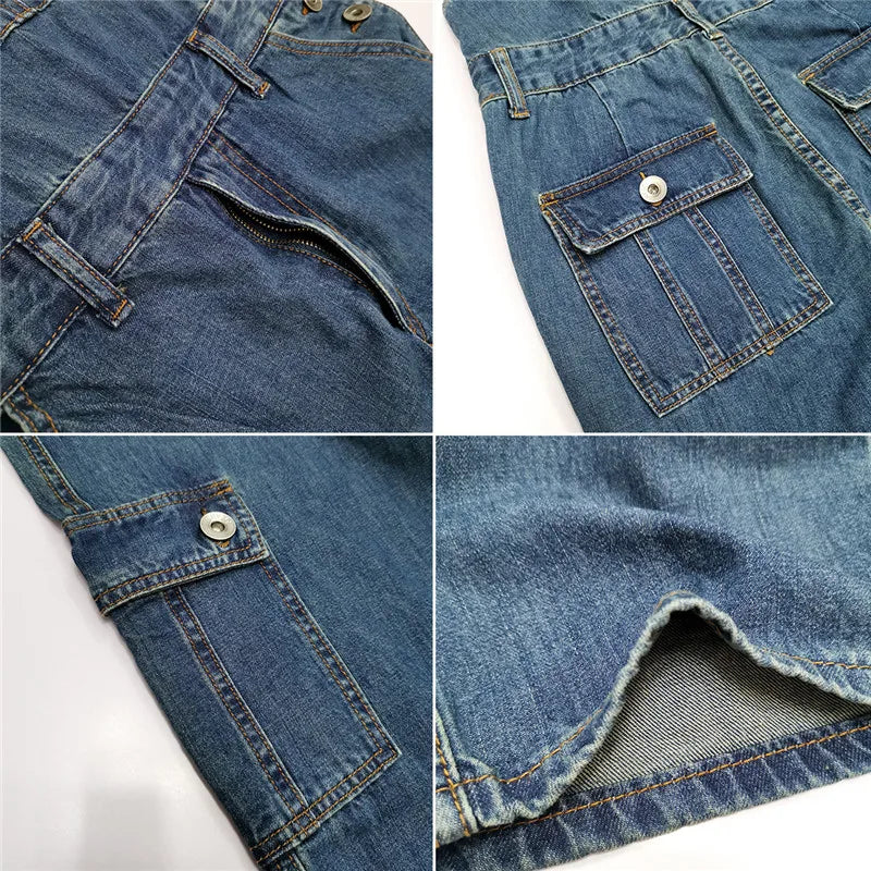 Men's Overalls Jumpsuit Large Size Strap Straight Blue Jeans With 7 Pockets