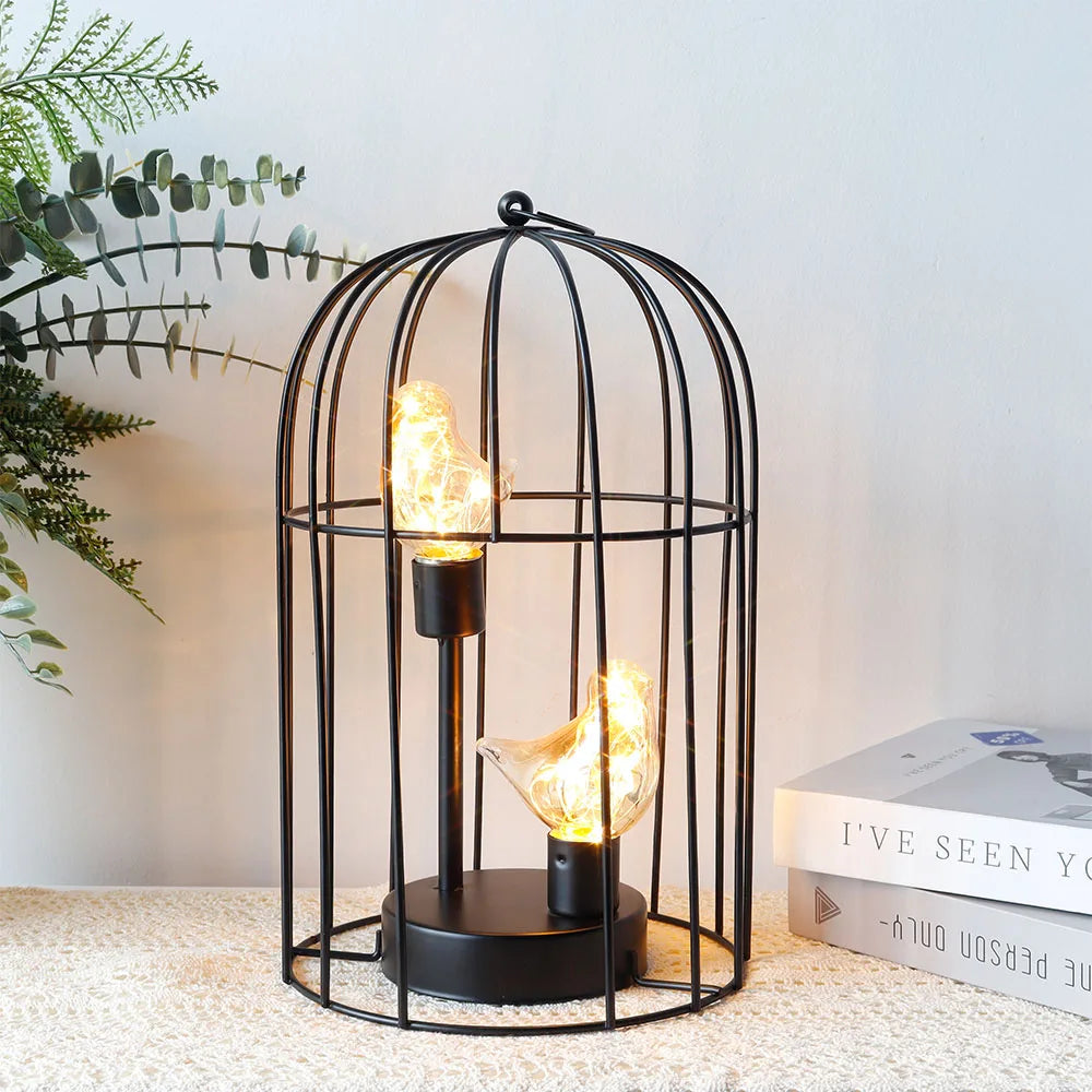 Metal Bird Cage Battery Operated Lamp Cordless Accent Light with Fairy Lights Bird Bulb Lantern for Holiday Party Decor