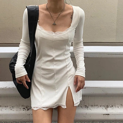 Autumn Spring Women Sexy Lace Patchwork Long Sleeve Split Dress Hip Package Mini Vestido Party Club Low Chest Outfits Cloth