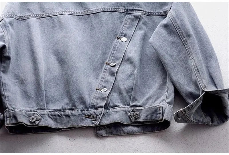 Blue Deconstructable Hooded Turn-down Collar Denim Jacket Women Loose Button Patchwork Outwear Jean Coat Female