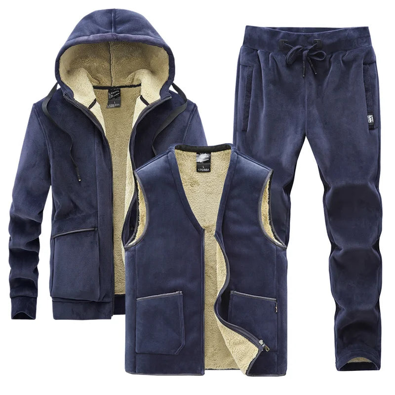 Men Winter Plus Velvet Thick Tracksuits Men's Lamb Cashmere Hoodies+vests+pants Three-pieces Sets Men Warm Casual Lamb Wool Sets