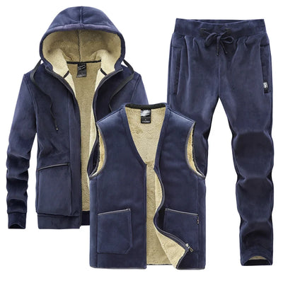 Men Winter Plus Velvet Thick Tracksuits Men's Lamb Cashmere Hoodies+vests+pants Three-pieces Sets Men Warm Casual Lamb Wool Sets