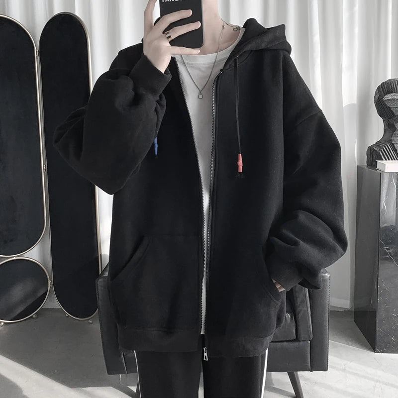 Blue Hoodies Women Sweatshirt Spring Autumn Zipper Coat Pocket Hooded New Loose Solid Color Jacket Trend Handsome Men Tops