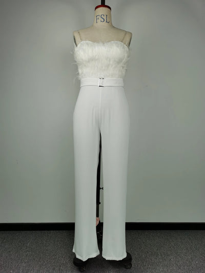 Jumpsuit Women Elegant Long Jumpsuit Strapless Slash Neck Feather Tube Top Sexy Fashion Party Night Evening Jumpsuit 2021 Summer