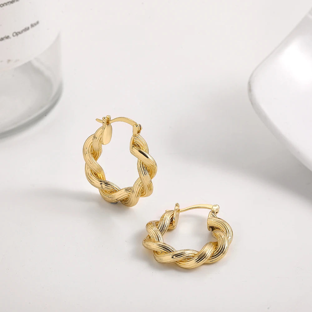 Punk Gold Color Twist Round Piercing Hoop Earrings Female Luxury CZ Crystal Geometric Ear Buckle Huggie Earrings Women Jewelry