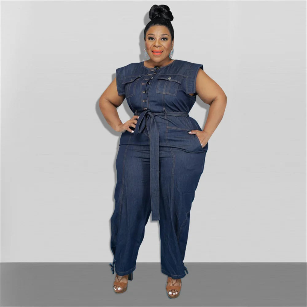 Jumpsuit Plus Size Women Clothing Denim Round Neck Lace Up Sleeveless Trousers Pocket Stretch Bodysuit Wholesale Dropshipping