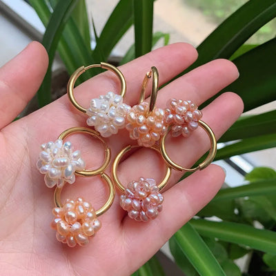Fashion Stainless Steel Hoop Earrings Cluster Flower Ball Drop Natural Freshwater Pearl Ear Loop Earring for Women Wedding Party
