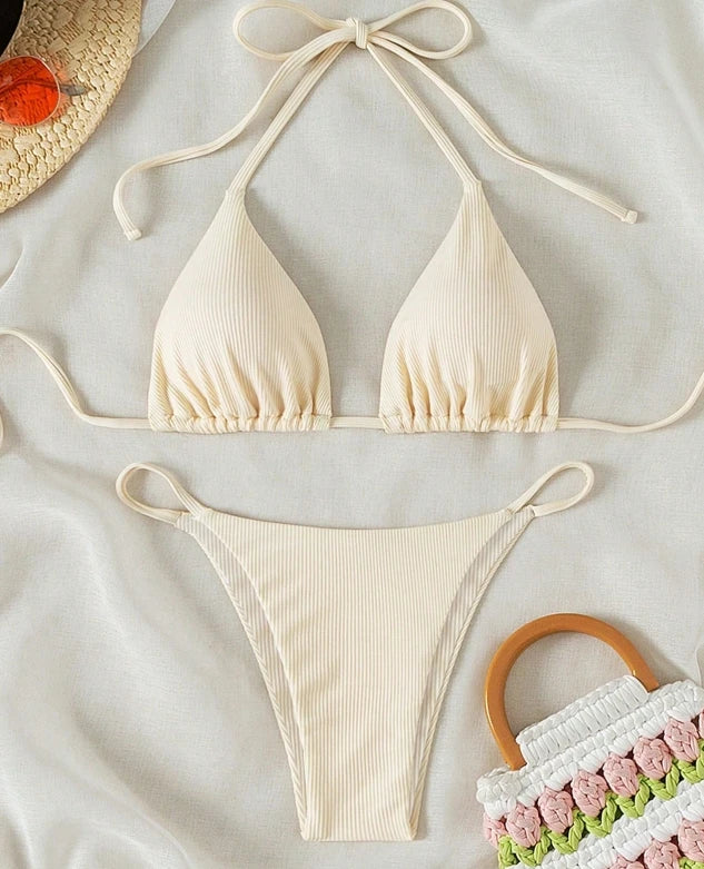 Factory Wholesale Women's Sexy Small Rib Bikini Set Two Piece Swimsuit with Printed Pattern Beach Wear
